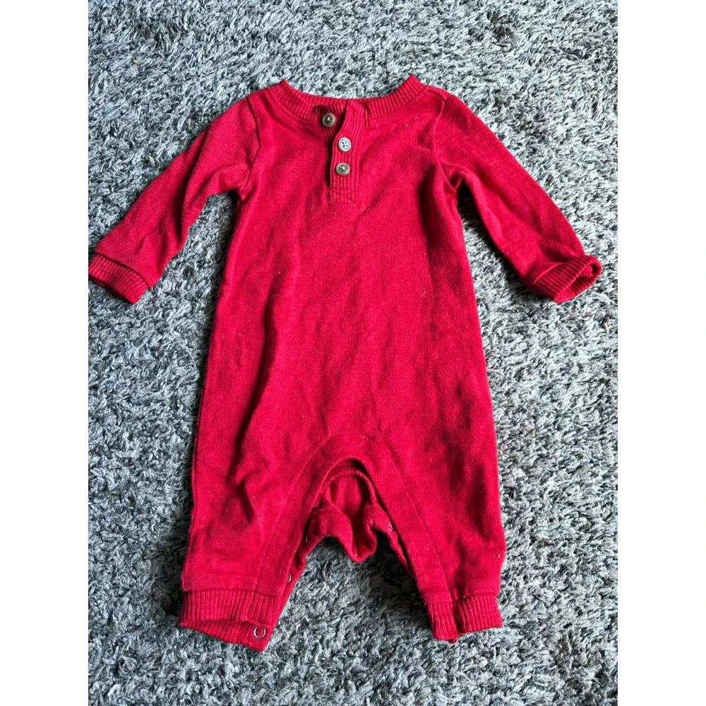 Old Navy 0-3M Red Cotton Knit Long Sleeve Button Romper One-Piece